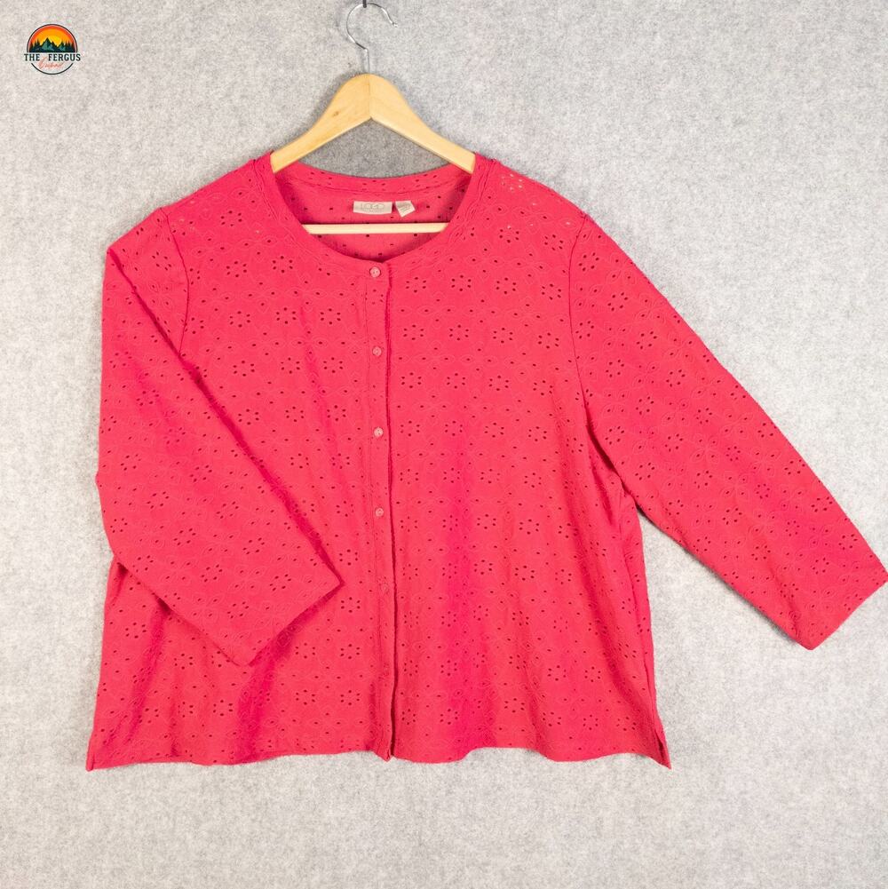 LOGO Lori Goldstein Blouse Top Red Embroidered Eyelets Long Sleeve Women's XL